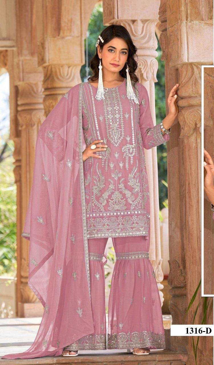 DESIGNER ORGANZA SILK PINK PAKISTANI SALWAR SUIT COLLECTION HT 1316 D