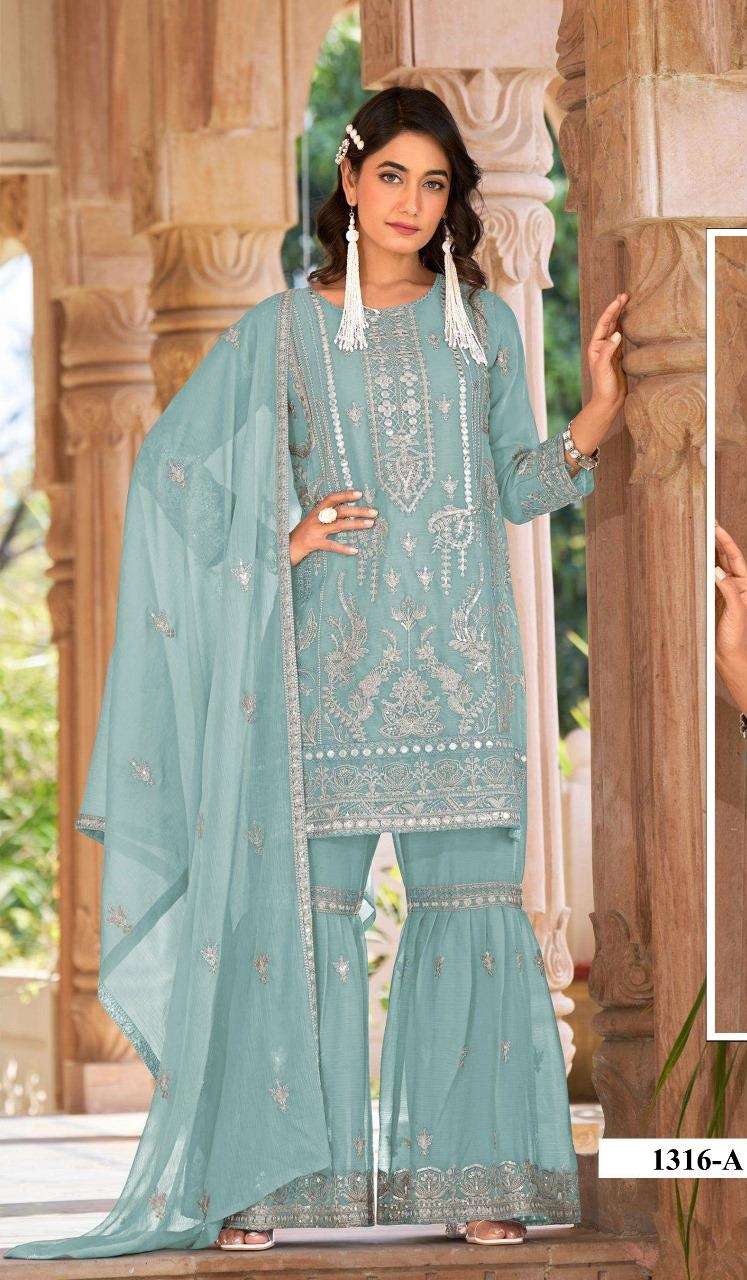 DESIGNER ORGANZA SILK SKY BLUE PAKISTANI SALWAR SUIT COLLECTION HT 1316 A
