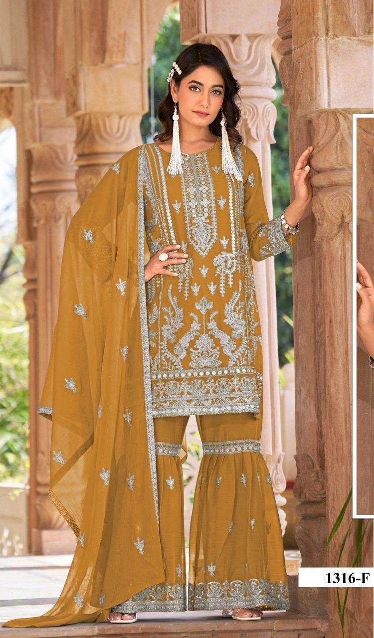 DESIGNER ORGANZA SILK YELLOW PAKISTANI SALWAR SUIT COLLECTION HT 1316 F