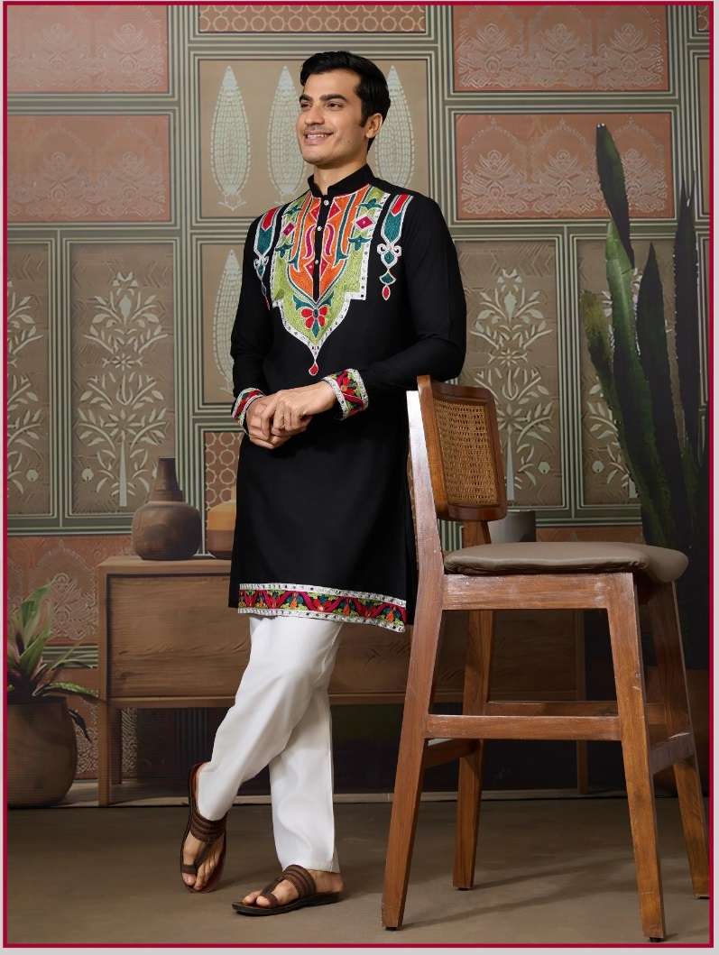 DESIGNER PARTY WEAR READYMADE INDIAN MENS BLACK COTTON KURTA KF 61413