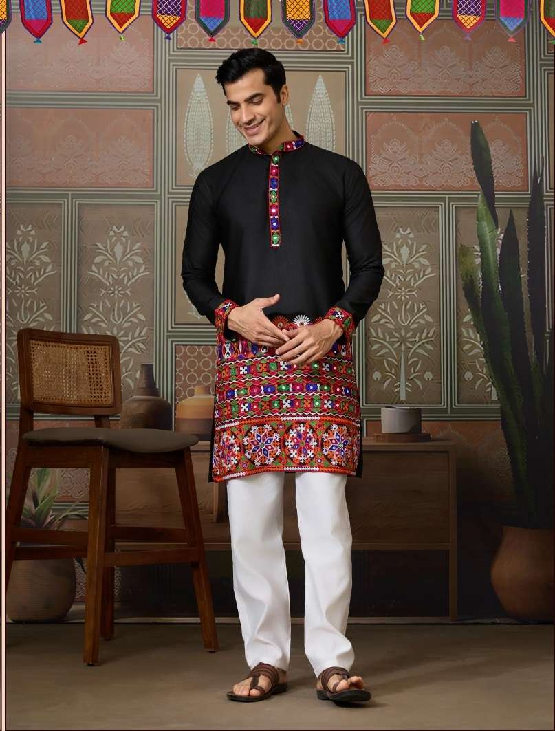 DESIGNER PARTY WEAR READYMADE INDIAN MENS BLACK COTTON SILK KURTA KF 61401