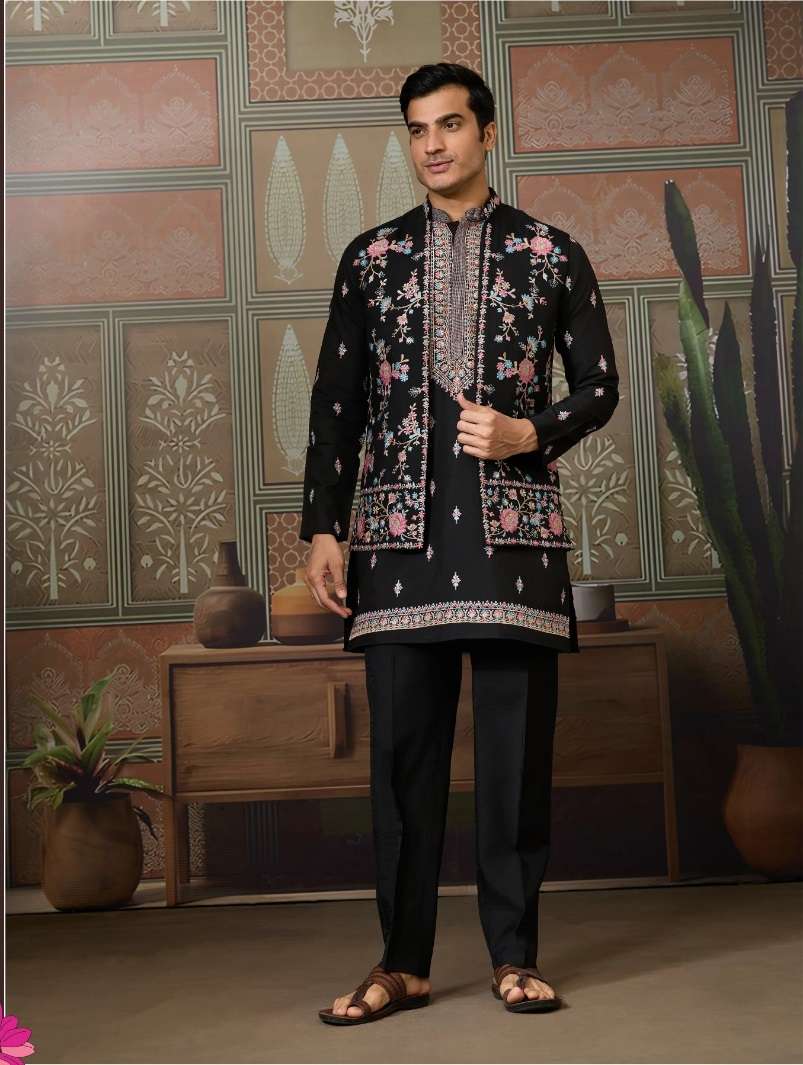 DESIGNER PARTY WEAR READYMADE INDIAN MENS BLACK VISCOSE SILK KOTI KURTA KF 61545