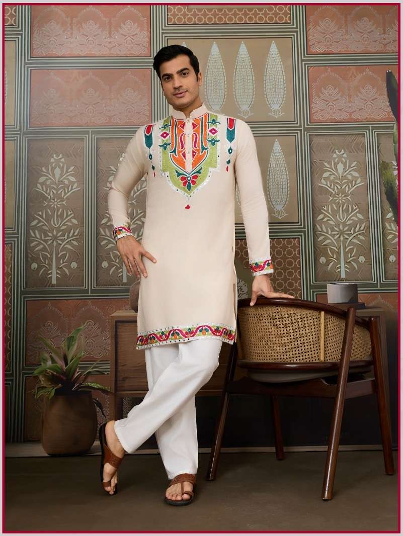 DESIGNER PARTY WEAR READYMADE INDIAN MENS CREAM COTTON KURTA KF 61416