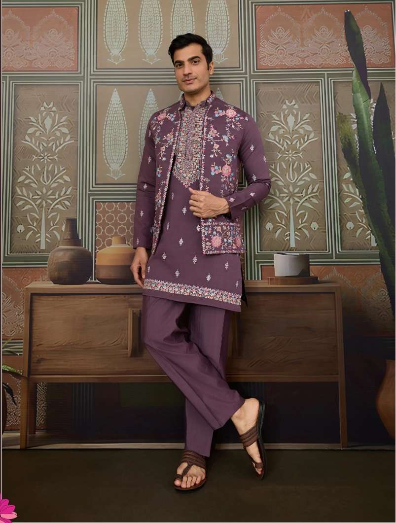 DESIGNER PARTY WEAR READYMADE INDIAN MENS DUSTY PURPLE VISCOSE SILK KOTI KURTA KF 61546