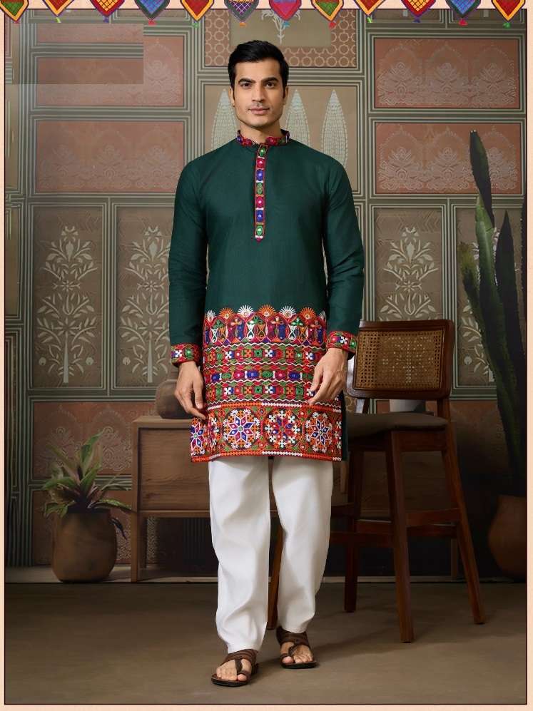 DESIGNER PARTY WEAR READYMADE INDIAN MENS GREEN COTTON SILK KURTA KF 61406