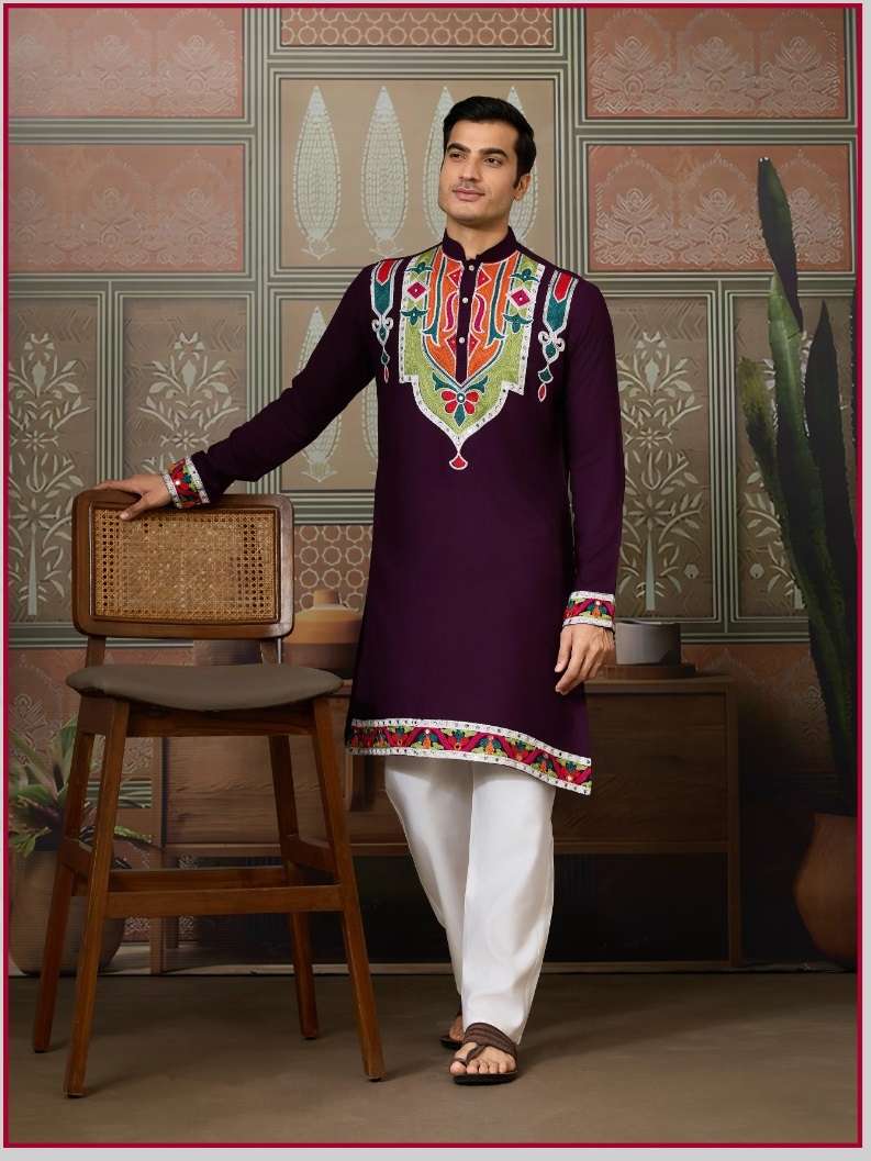 DESIGNER PARTY WEAR READYMADE INDIAN MENS PURPLE COTTON KURTA KF 61411