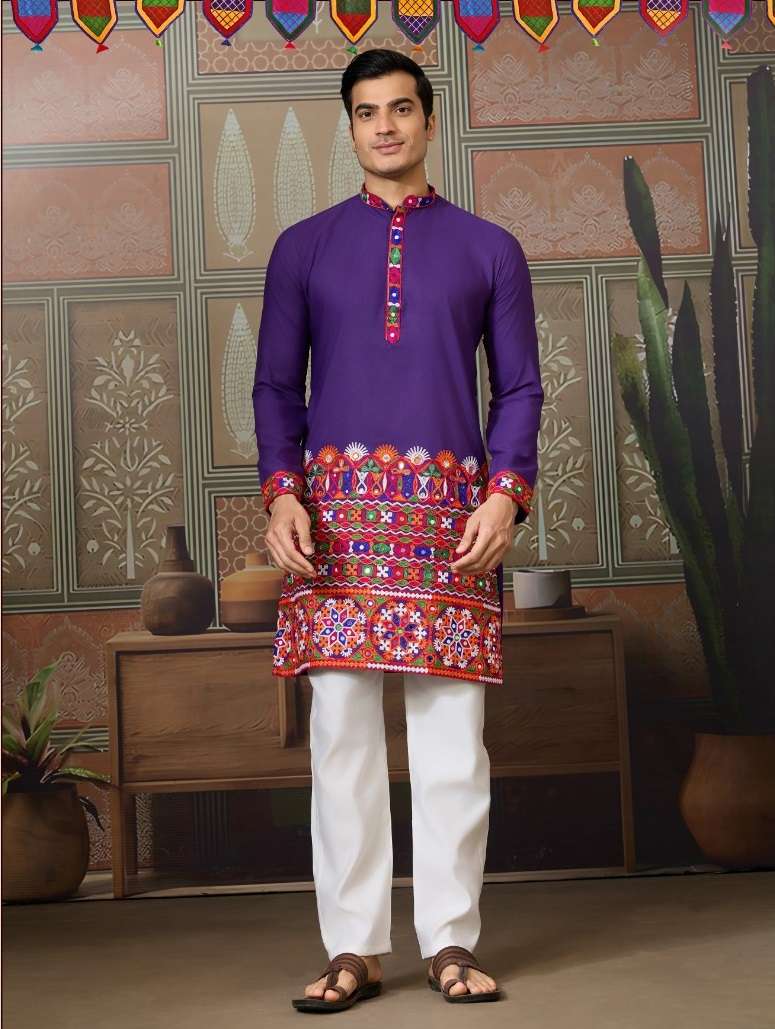 DESIGNER PARTY WEAR READYMADE INDIAN MENS PURPLE COTTON SILK KURTA KF 61405