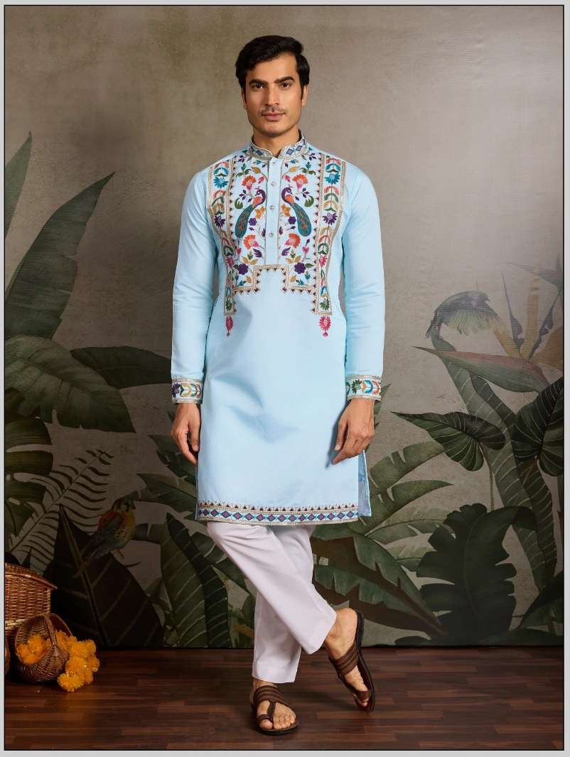 DESIGNER PARTY WEAR READYMADE INDIAN MENS VISCOSE SILK SKY COLOR KURTA KF 61481