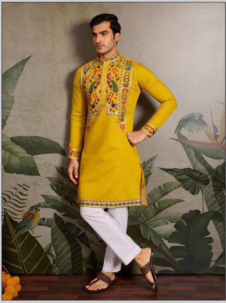 DESIGNER PARTY WEAR READYMADE INDIAN MENS VISCOSE SILK YELLOW KURTA KF 61482