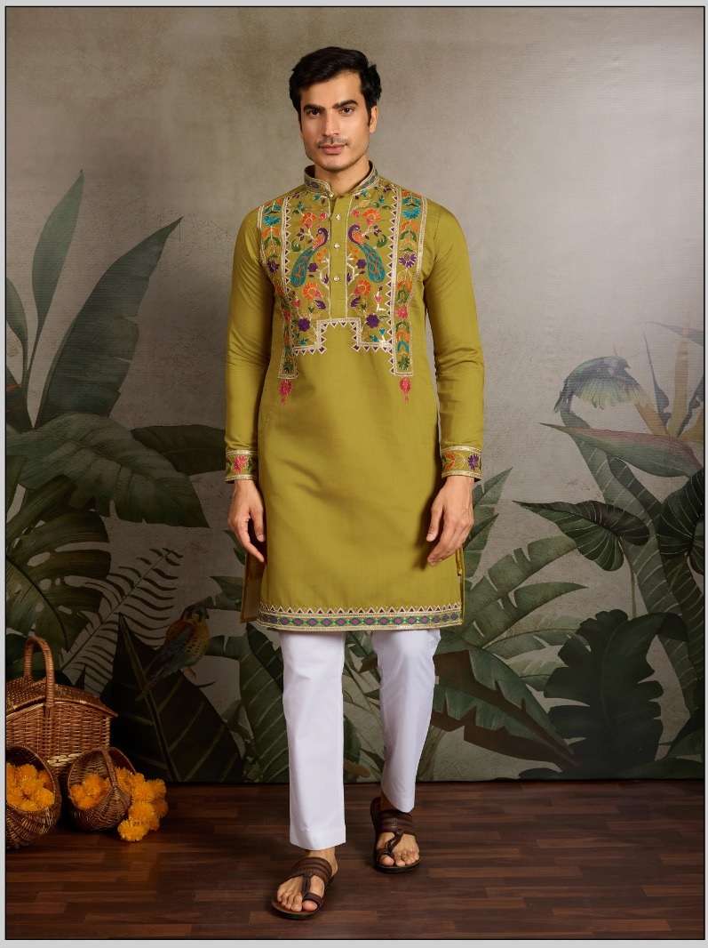 DESIGNER PARTY WEAR READYMADE INDIAN MENS VISCOSE SILK GREEN KURTA KF 61483