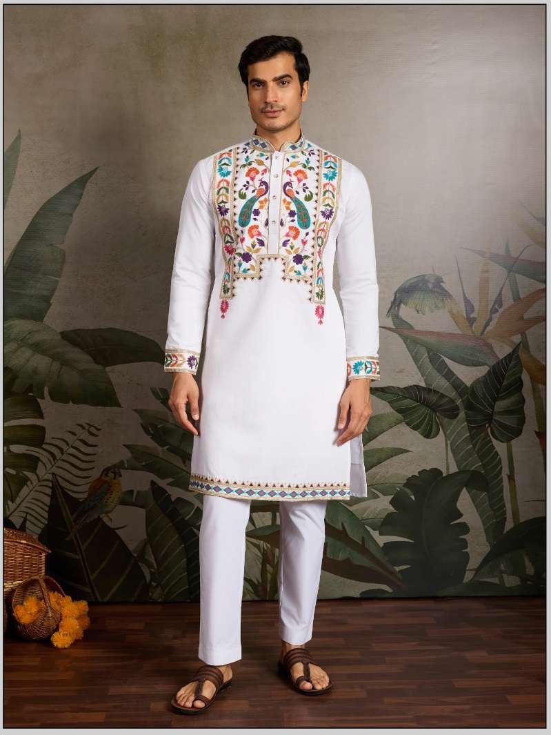 DESIGNER PARTY WEAR READYMADE INDIAN MENS VISCOSE SILK WHITE KURTA KF 61484