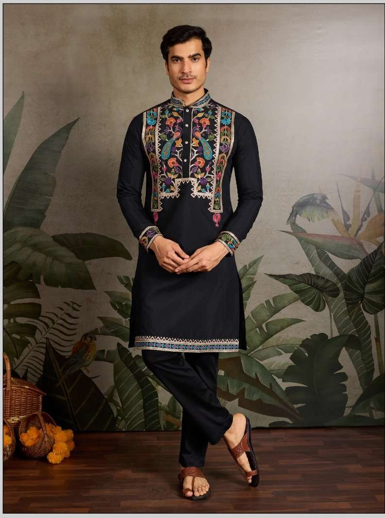 DESIGNER PARTY WEAR READYMADE INDIAN MENS VISCOSE SILK BLACK KURTA KF 61485