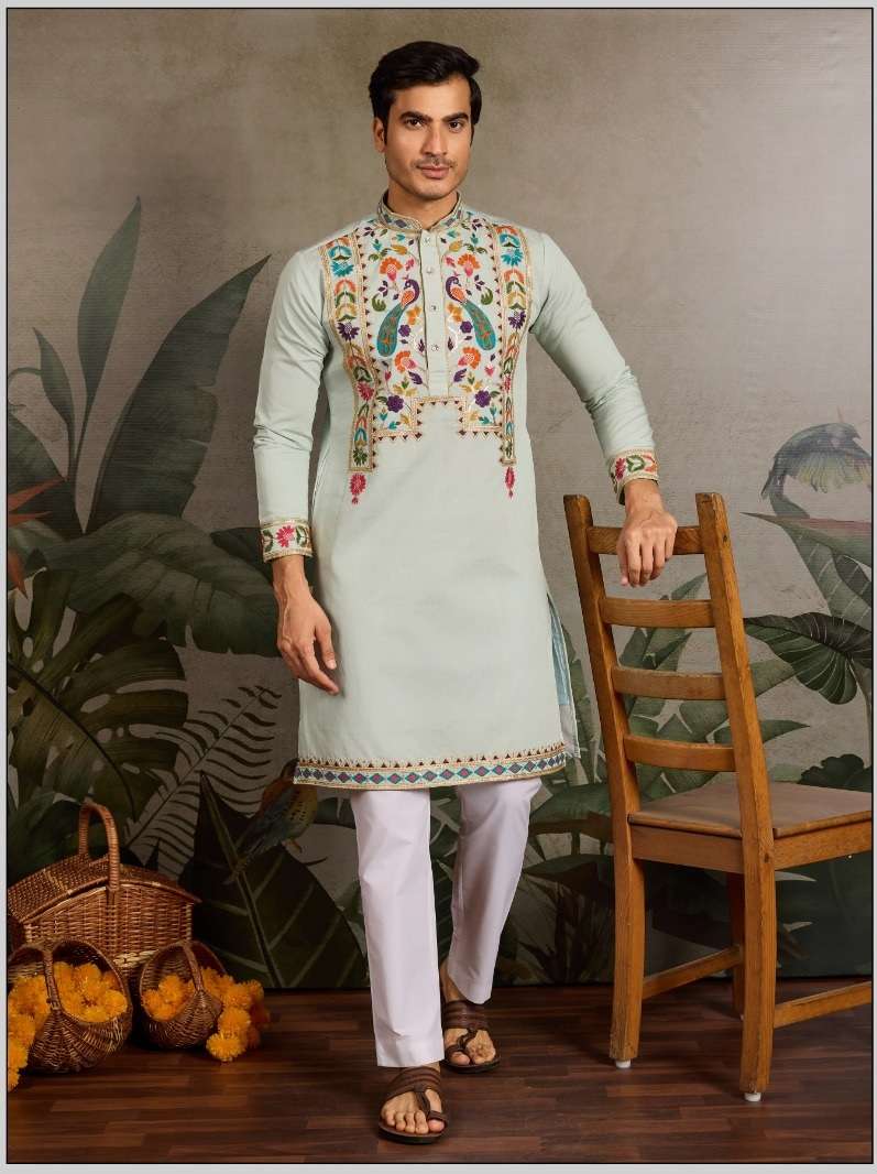 DESIGNER PARTY WEAR READYMADE INDIAN MENS VISCOSE SILK PISTA KURTA KF 61487