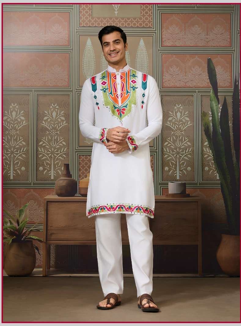DESIGNER PARTY WEAR READYMADE INDIAN MENS WHITE COTTON KURTA KF 61412