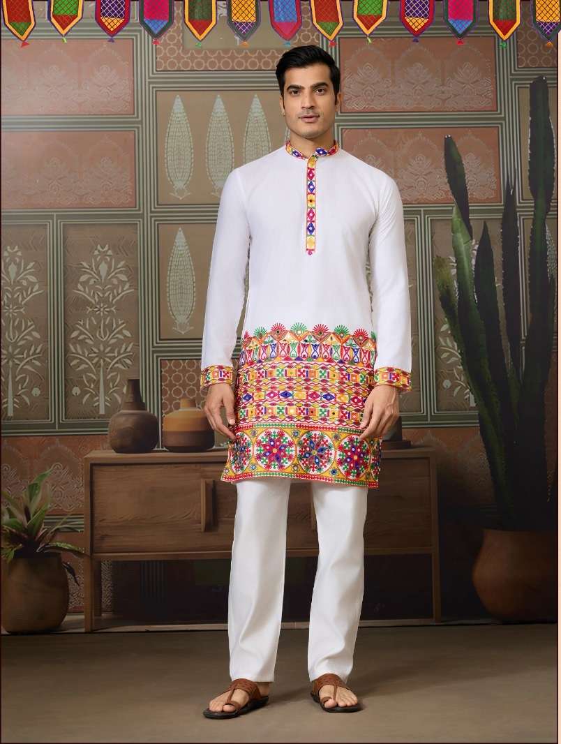 DESIGNER PARTY WEAR READYMADE INDIAN MENS WHITE COTTON SILK KURTA KF 61402