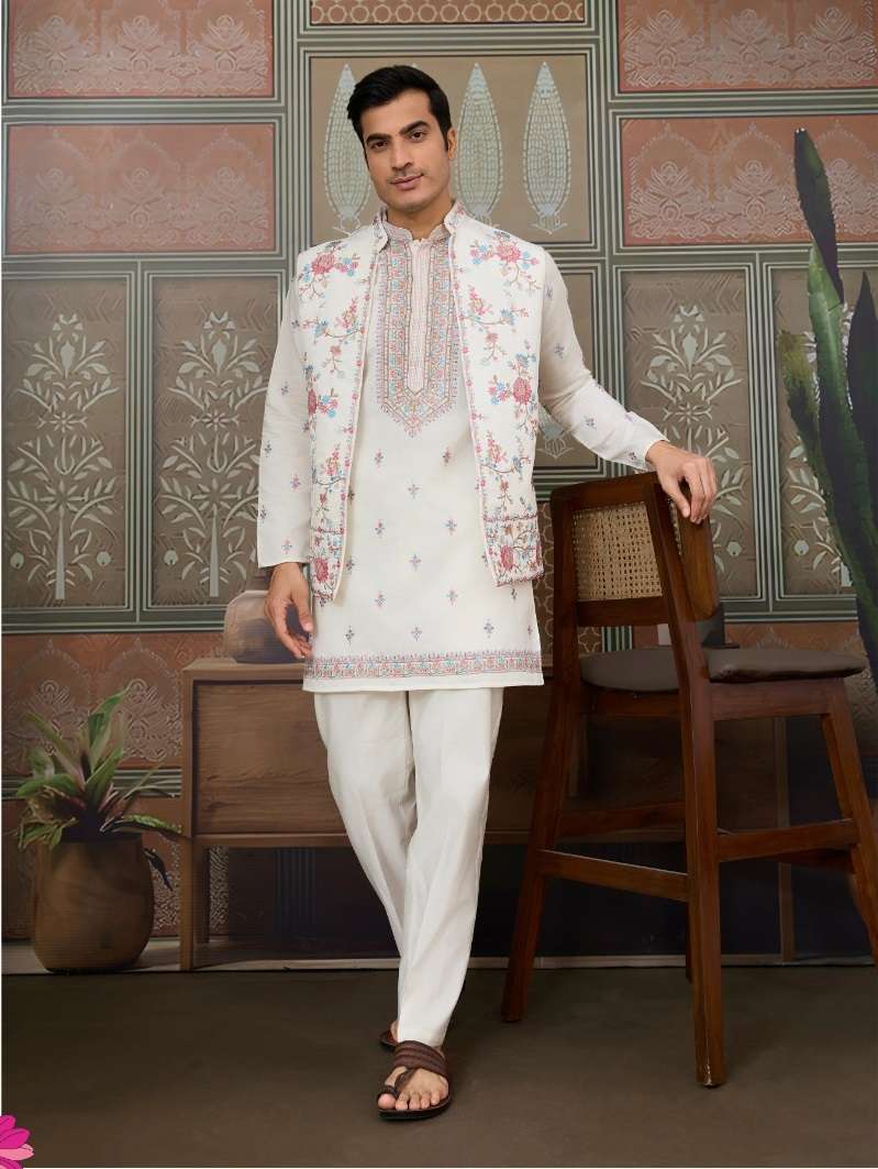 DESIGNER PARTY WEAR READYMADE INDIAN MENS WHITE VISCOSE SILK KOTI KURTA KF 61542