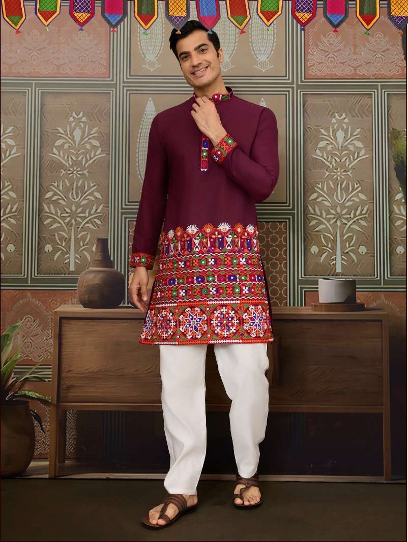 DESIGNER PARTY WEAR READYMADE INDIAN MENS WINE COTTON SILK KURTA KF 61404