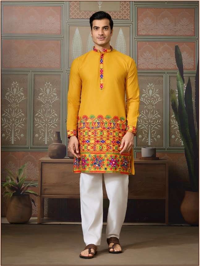 DESIGNER PARTY WEAR READYMADE INDIAN MENS YELLOW COTTON SILK KURTA KF 61403