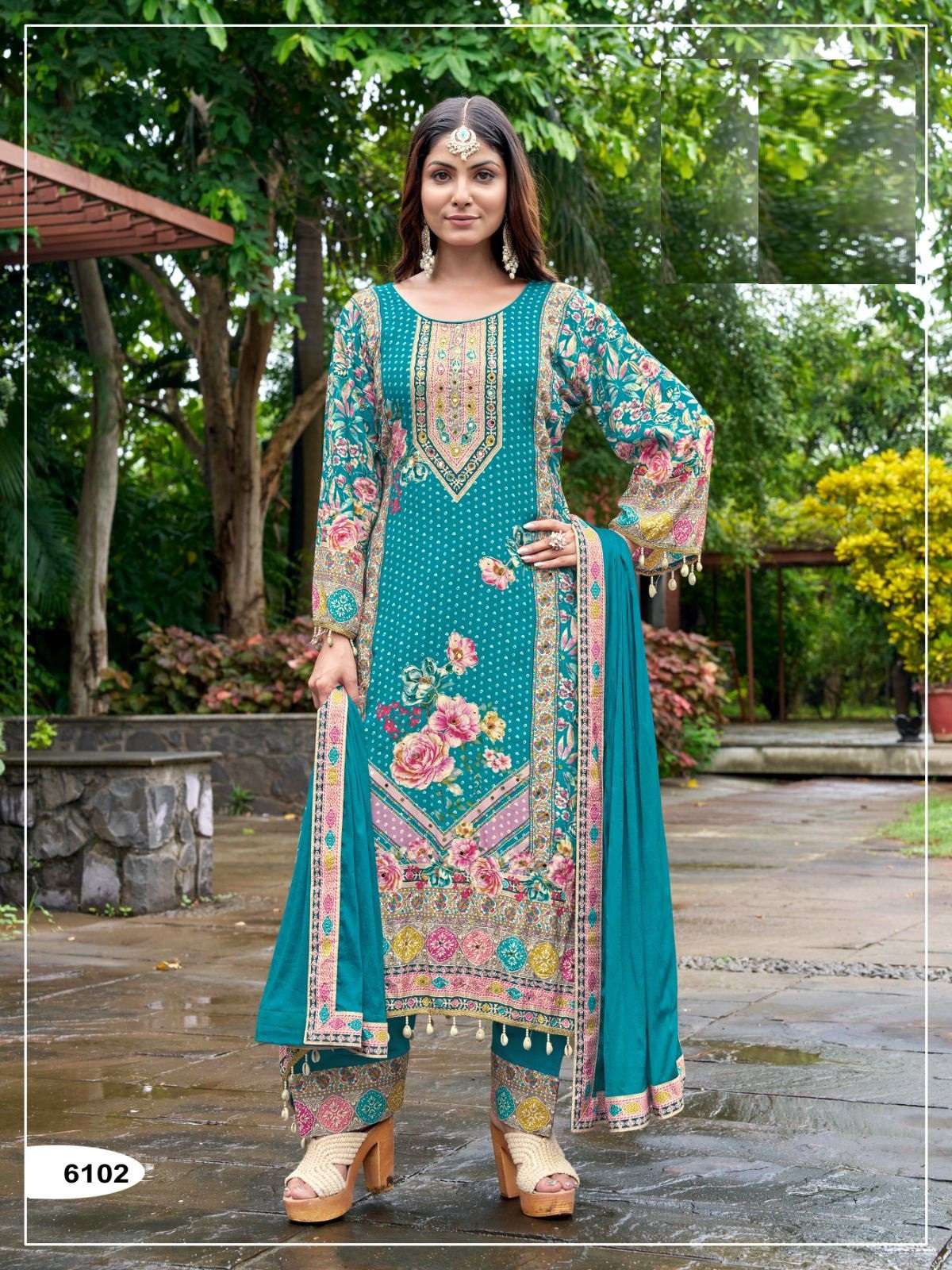 DESIGNER PURE MASHLIN PRINTED BLUE PAKISTANI SALWAR SUIT COLLECTION JG 6102