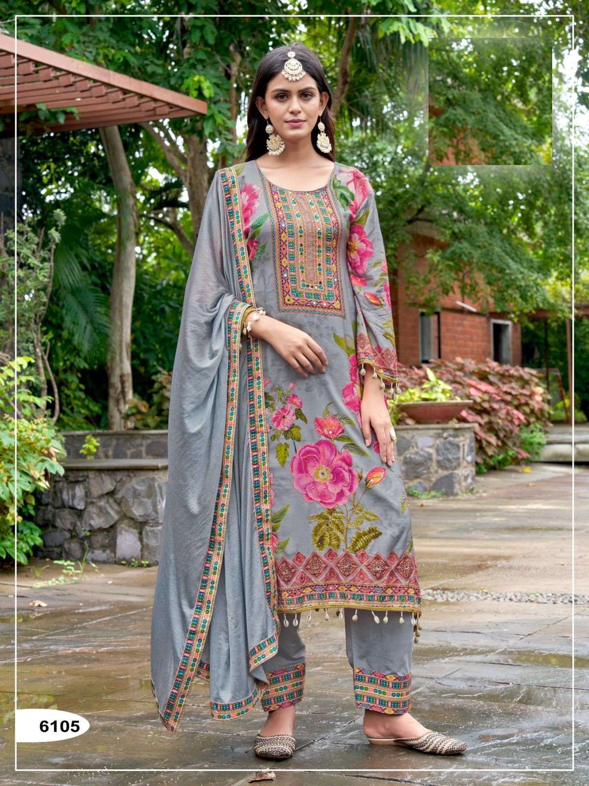 DESIGNER PURE MASHLIN PRINTED GREY PAKISTANI SALWAR SUIT COLLECTION JG 6105