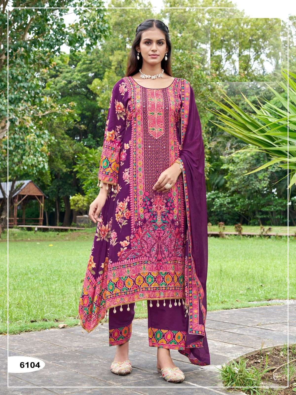 DESIGNER PURE MASHLIN PRINTED PURPLE PAKISTANI SALWAR SUIT COLLECTION JG 6104