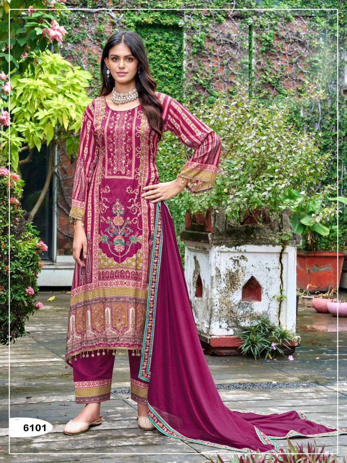 DESIGNER PURE MASHLIN PRINTED RANI PINK PAKISTANI SALWAR SUIT COLLECTION JG 6101
