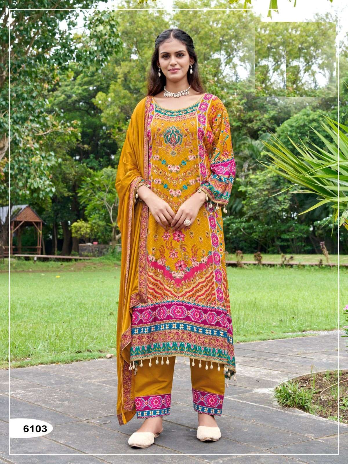 DESIGNER PURE MASHLIN PRINTED YELLOW PAKISTANI SALWAR SUIT COLLECTION JG 6103