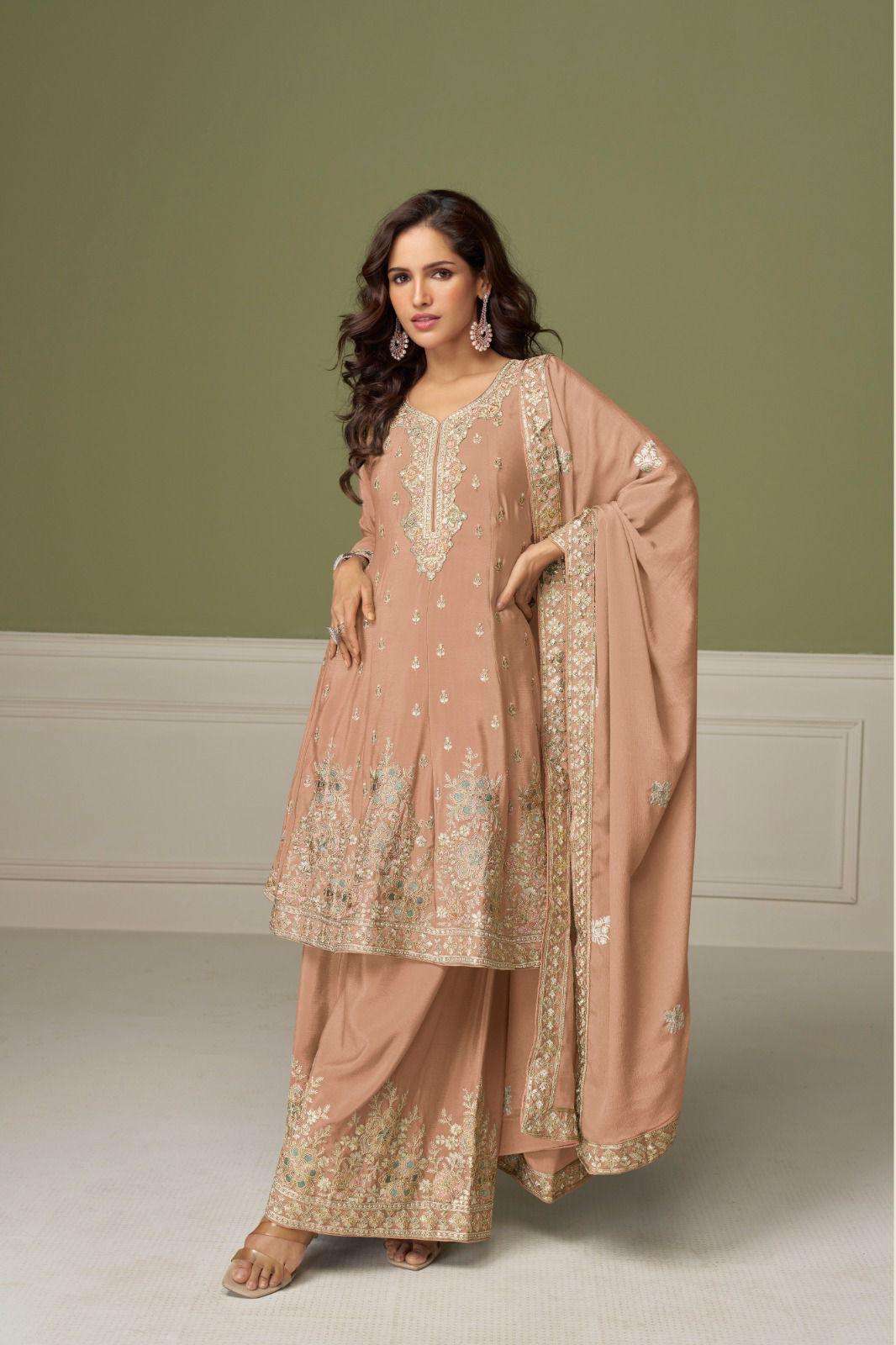 DESIGNER REAL CHINON SILK ORANGE SHARARA SALWAR SUIT PLAZZO SALWAR SUIT GL NITYA 7556 B