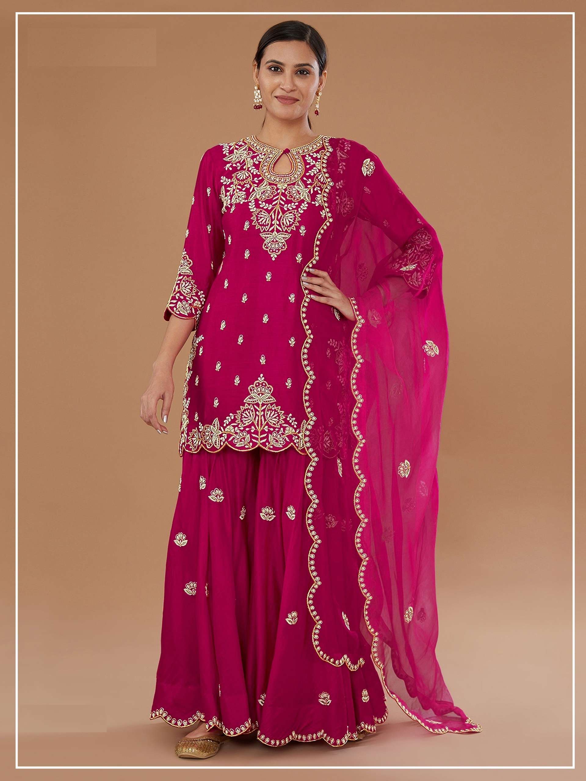 DESIGNER WEDDING PARTY WEAR BLOOMING VICHITRA SILK RANI PINK SHARARA SALWAR SUIT CPR 720 A
