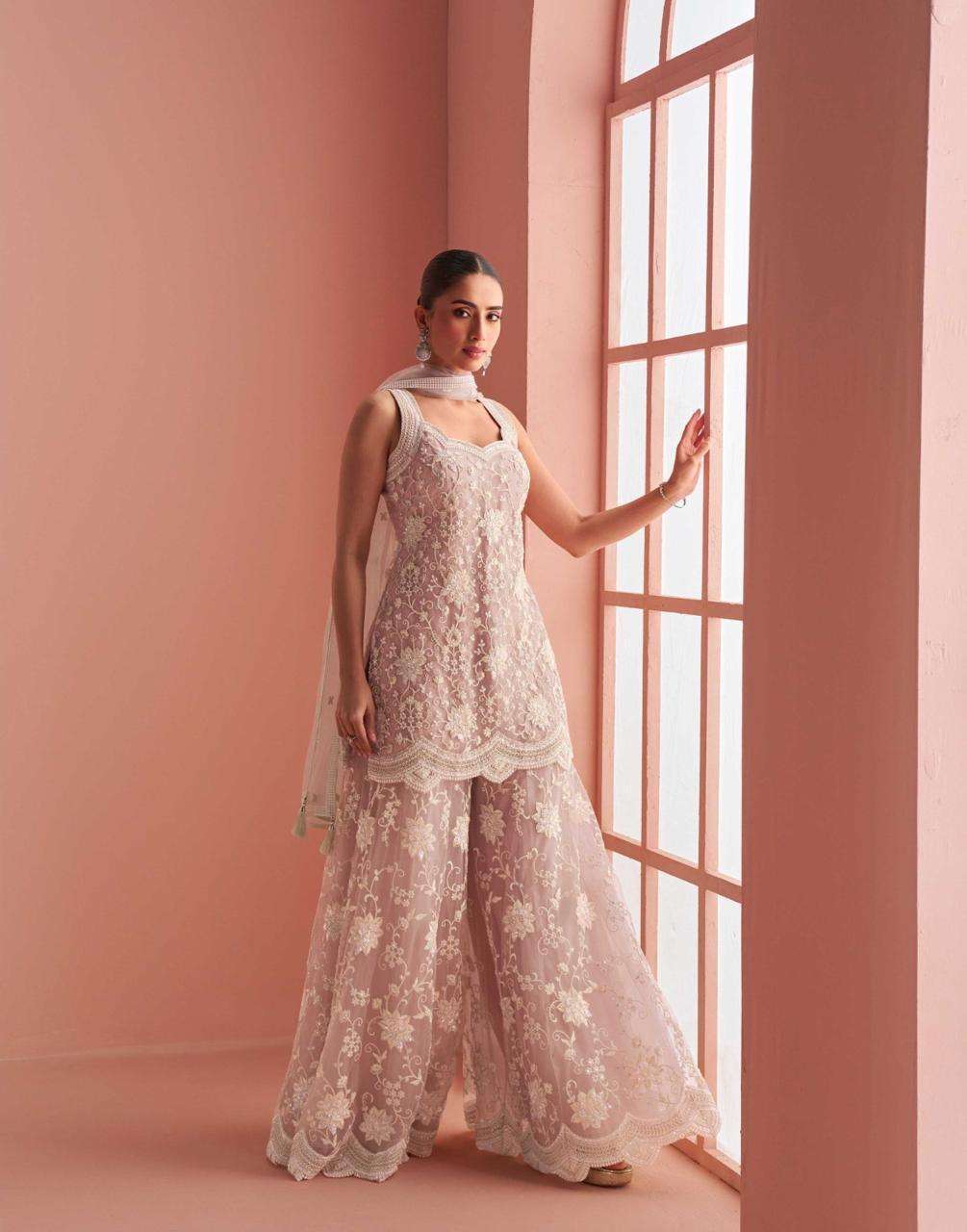 DESIGNER WEDDING PARTY WEAR BUTTERFLY NET PEACH SHARARA SALWAR SUIT SY VERONA 10088