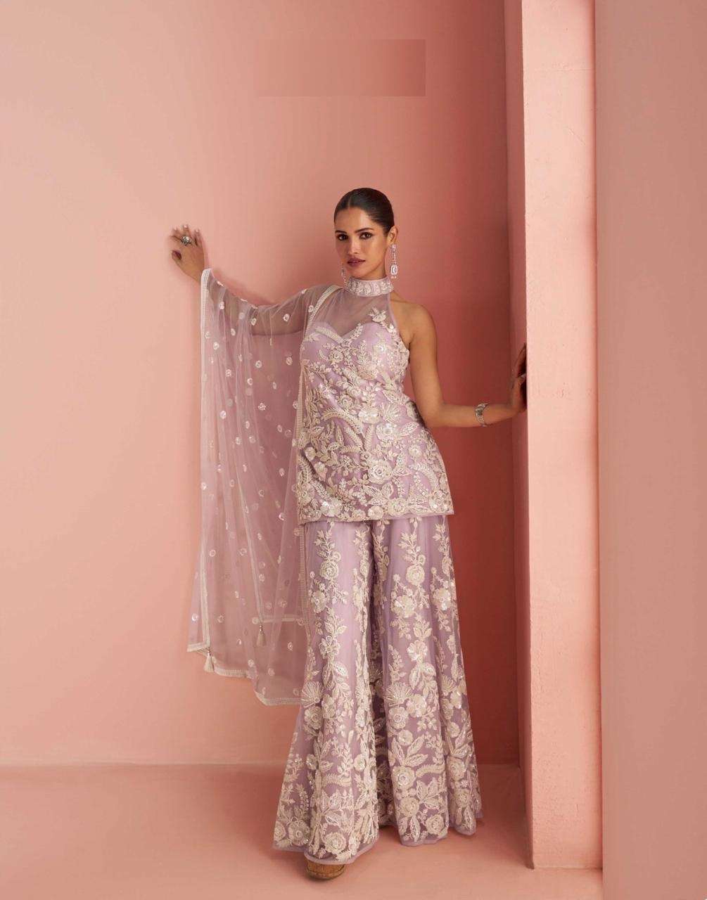 DESIGNER WEDDING PARTY WEAR BUTTERFLY NET PINK SHARARA SALWAR SUIT SY VERONA 10089
