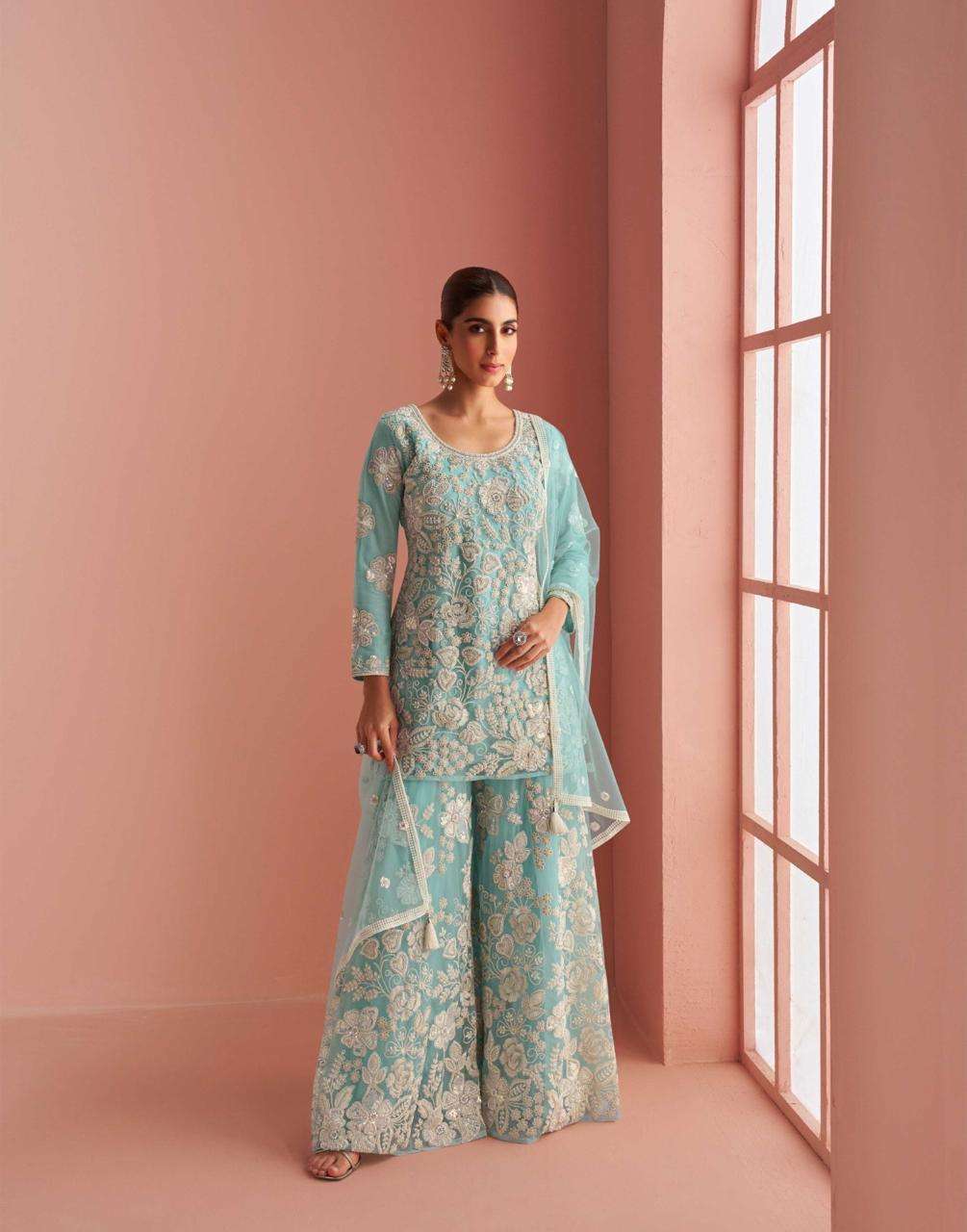 DESIGNER WEDDING PARTY WEAR BUTTERFLY NET SKY BLUE SHARARA SALWAR SUIT SY VERONA 10090