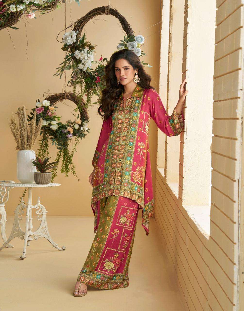 DESIGNER WEDDING PARTY WEAR CRAPE SILK SHARARA PALLAZO SALWAR SUIT SY AURA 10085