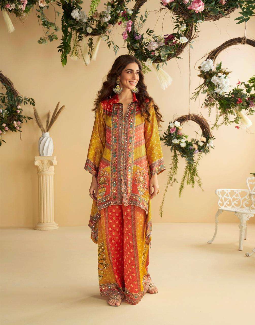 DESIGNER WEDDING PARTY WEAR CRAPE SILK SHARARA PALLAZO SALWAR SUIT SY AURA 10086