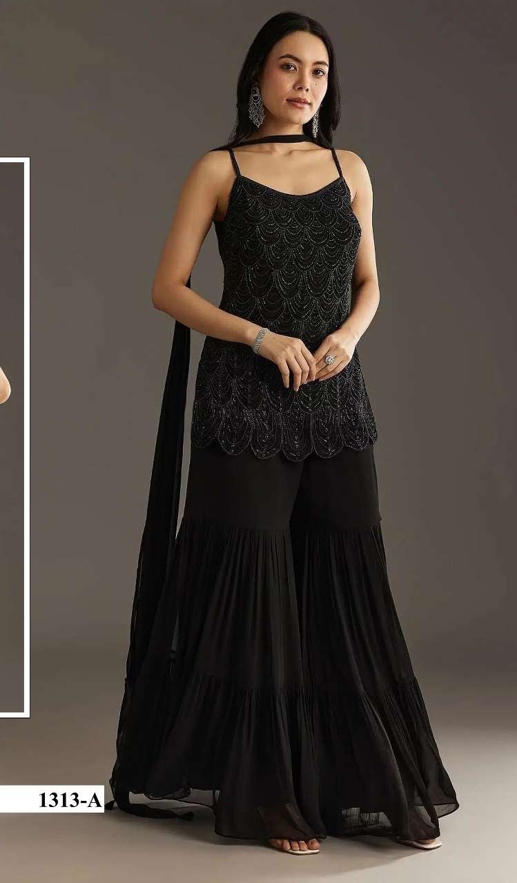 DESIGNER WEDDING PARTY WEAR FAUX GEORGETTE BLACK SHARARA PALLAZO SALWAR SUIT HT 1313 A
