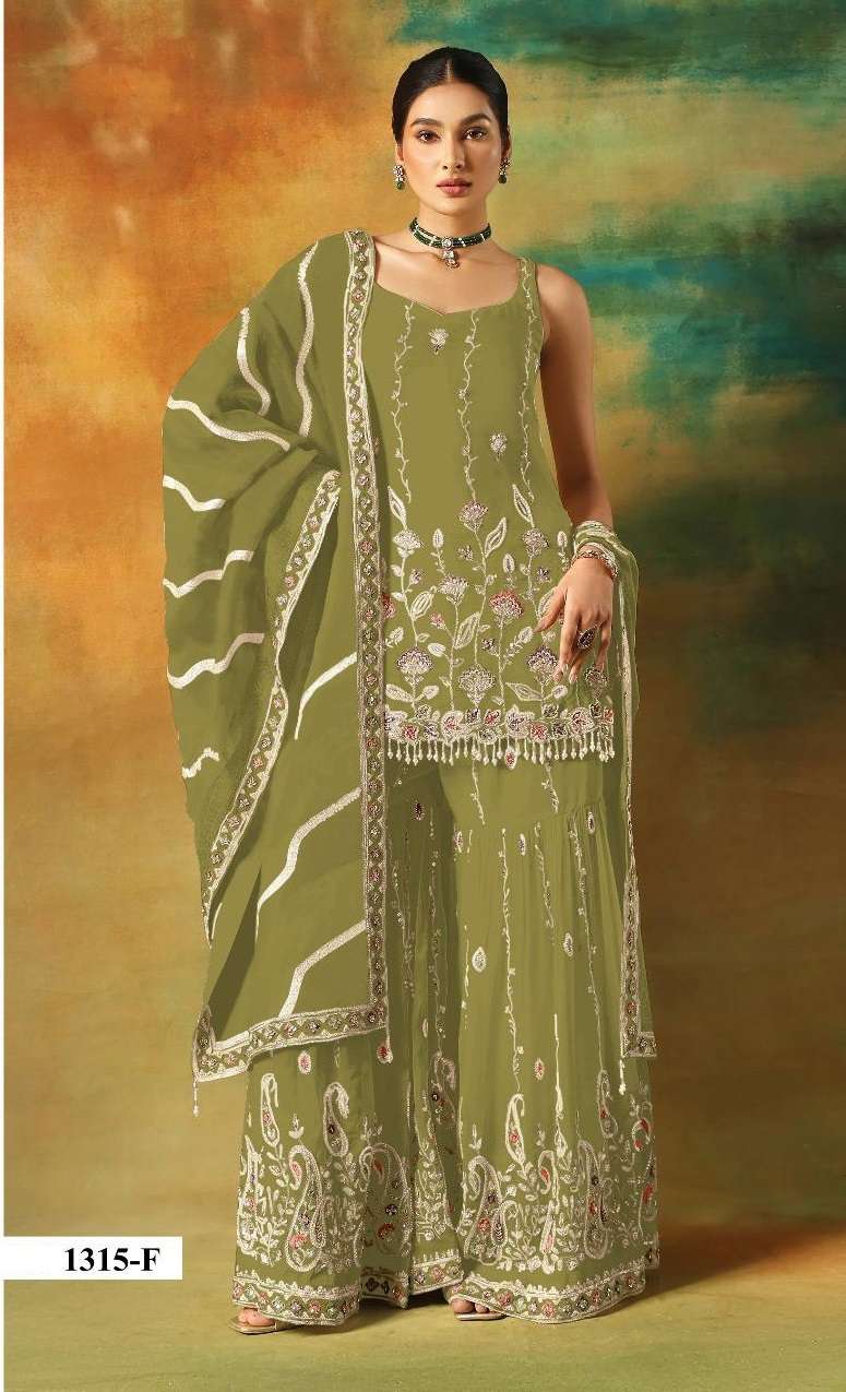 DESIGNER WEDDING PARTY WEAR FAUX GEORGETTE GREEN SHARARA PALLAZO SALWAR SUIT HT 1315 F