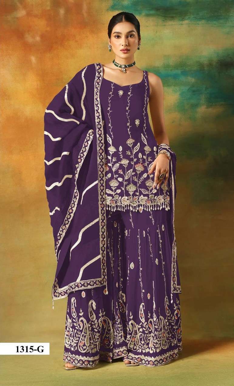 DESIGNER WEDDING PARTY WEAR FAUX GEORGETTE PURPLE SHARARA PALLAZO SALWAR SUIT HT 1315 G