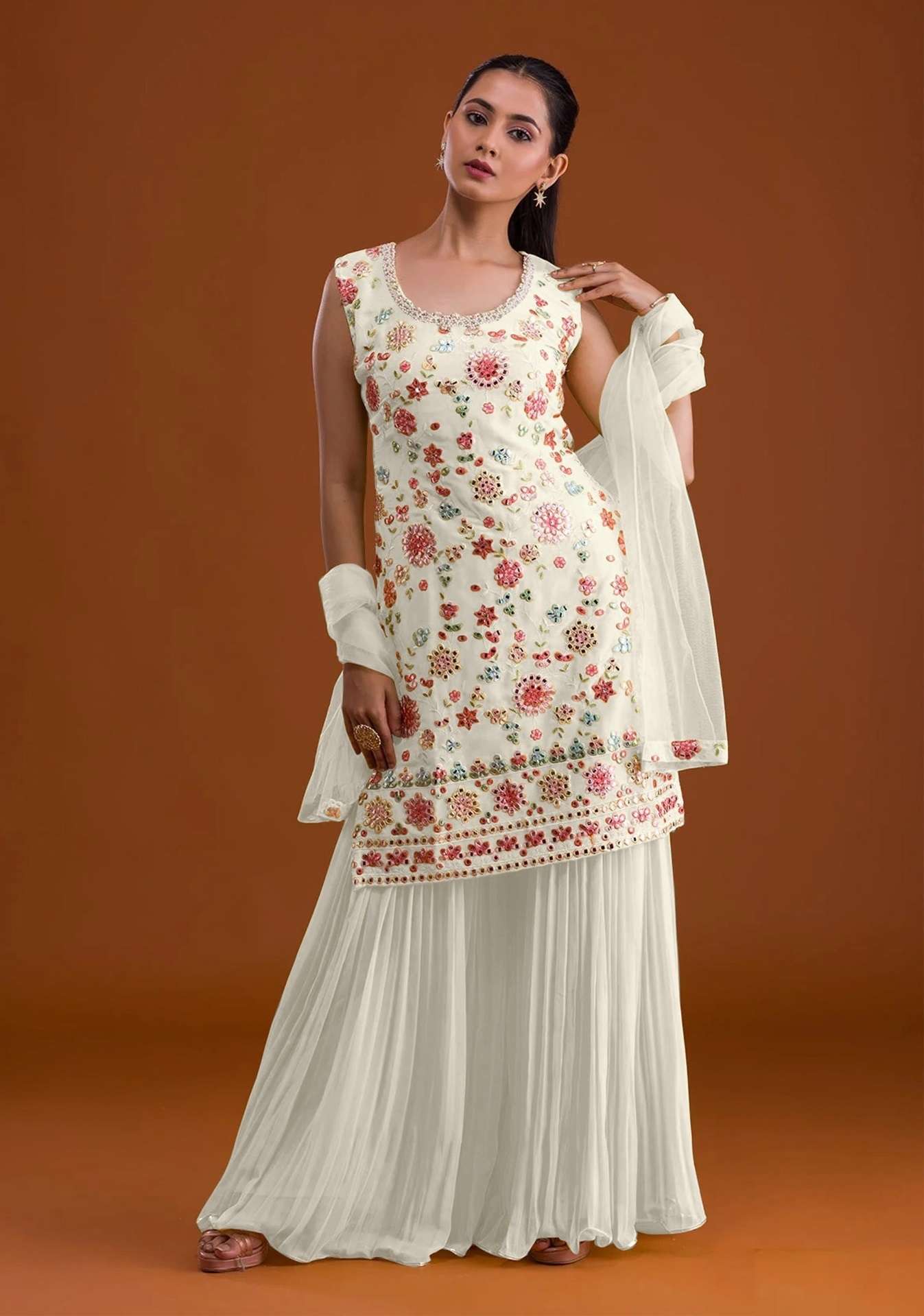 DESIGNER WEDDING PARTY WEAR FAUX GEORGETTE WHITE SHARARA PALLAZO SALWAR SUIT CPR 1004 D