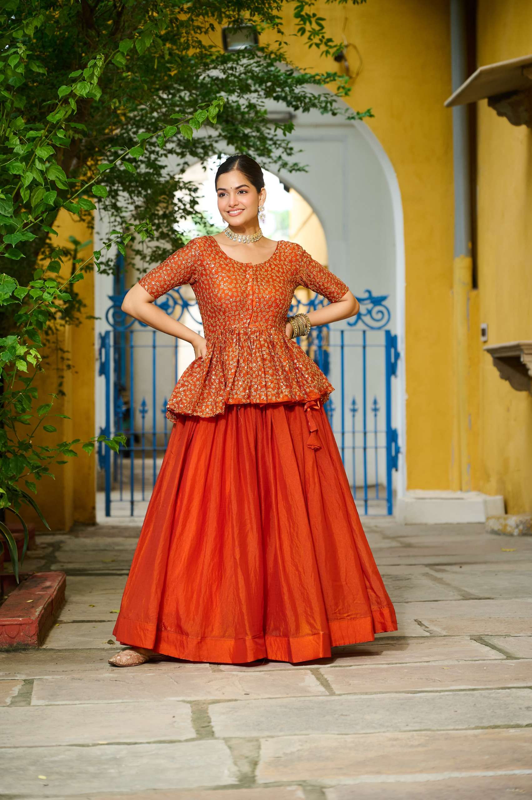 DESIGNER WEDDING PARTY WEAR FENDY SILK ORANGE CROP TOP SKIRT STYLE SALWAR SUIT LW 7137 B