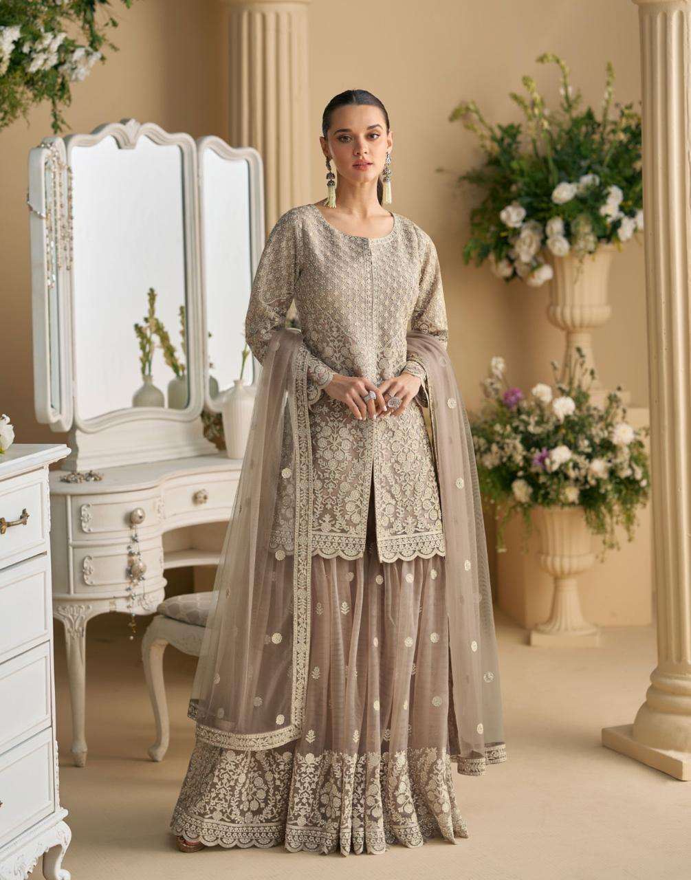 DESIGNER WEDDING PARTY WEAR GEORGETTE GREY SHARARA PALLAZO SALWAR SUIT SY SANA 5819