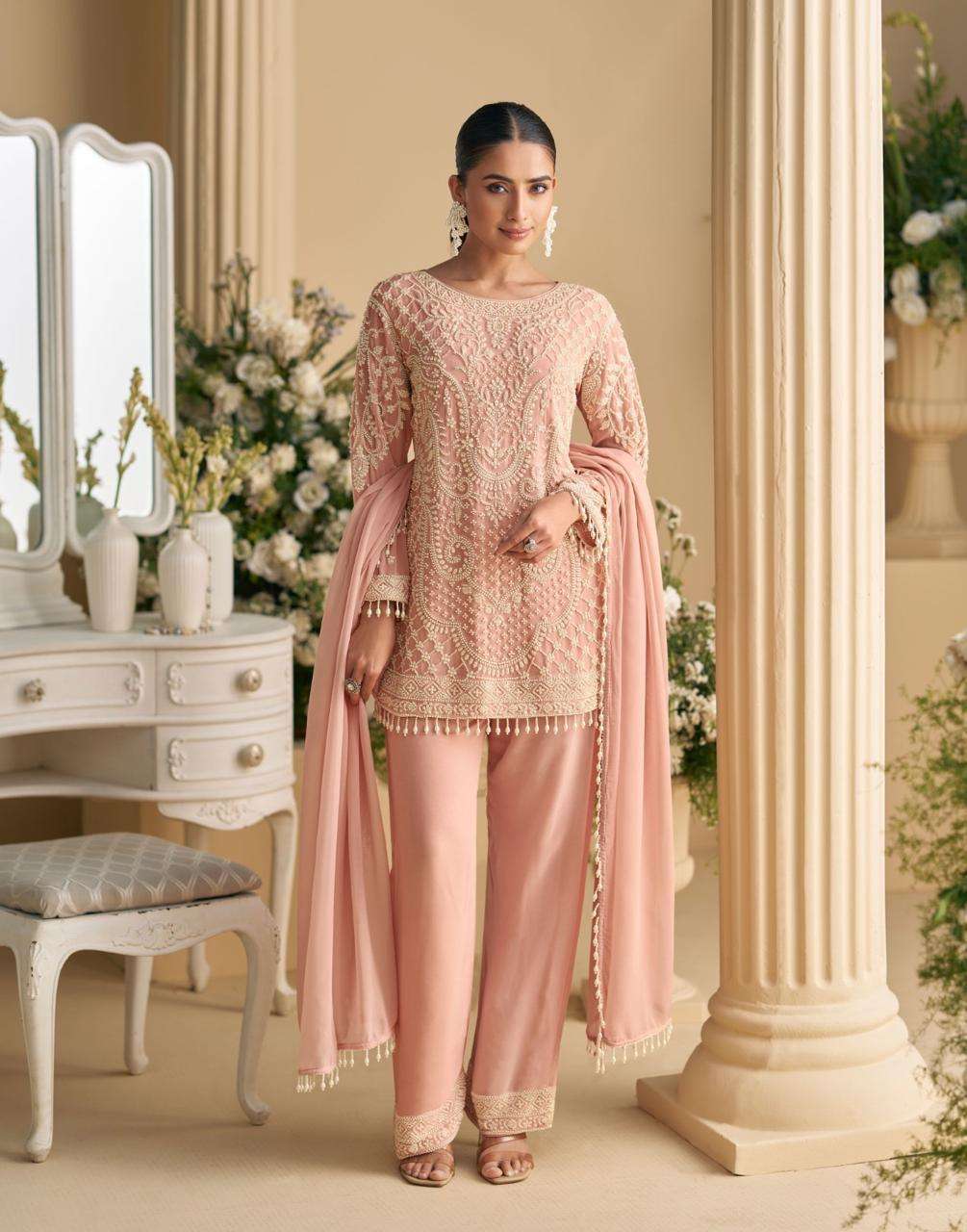 DESIGNER WEDDING PARTY WEAR GEORGETTE PINK SHARARA PALLAZO SALWAR SUIT SY SANA 5818