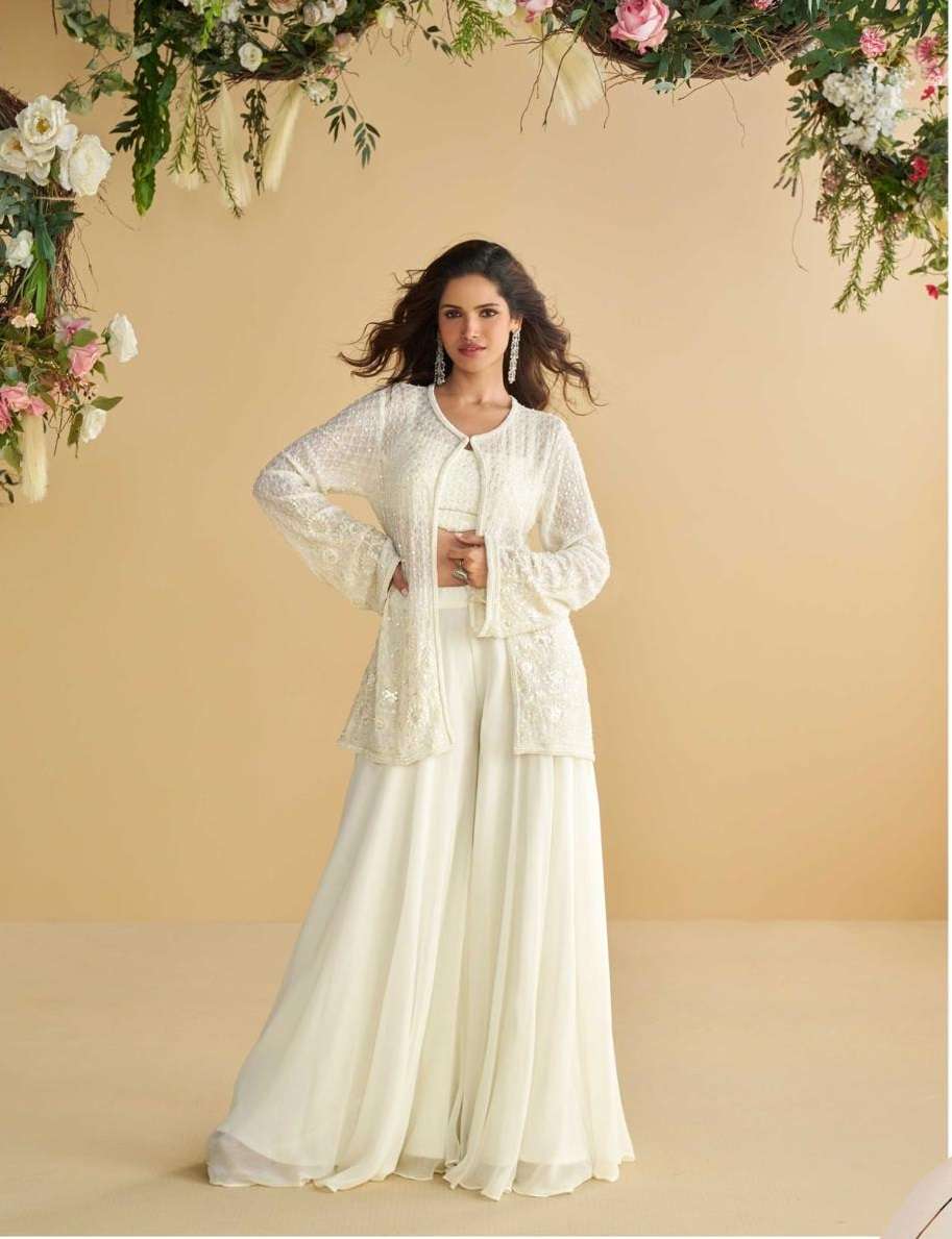 DESIGNER WEDDING PARTY WEAR GEORGETTE WHITE JACKET BLOUSE PALLAZO SALWAR SUIT SY 10078