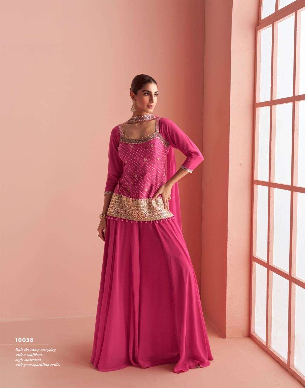 DESIGNER WEDDING PARTY WEAR PINK REAL CHINON SHARARA PALLAZO SALWAR SUIT SY BARKHA 10038