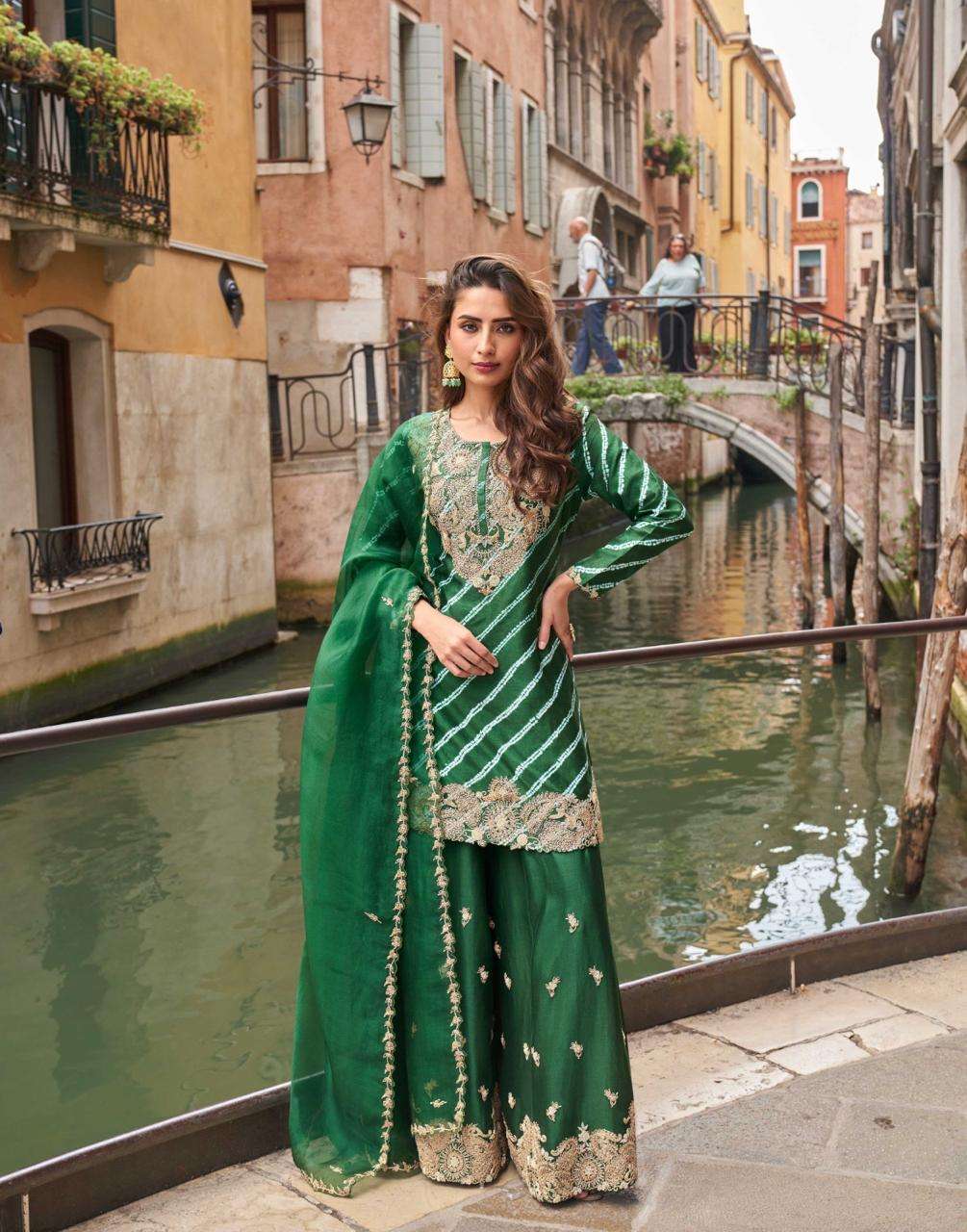 DESIGNER WEDDING PARTY WEAR PURE CHINON SILK GREEN SHARARA SALWAR SUIT SY MEENA 5855
