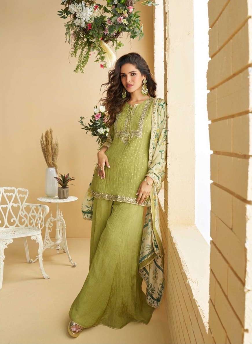 DESIGNER WEDDING PARTY WEAR PURE CHINON SILK GREEN SHARARA SALWAR SUIT SY GULABO 10072