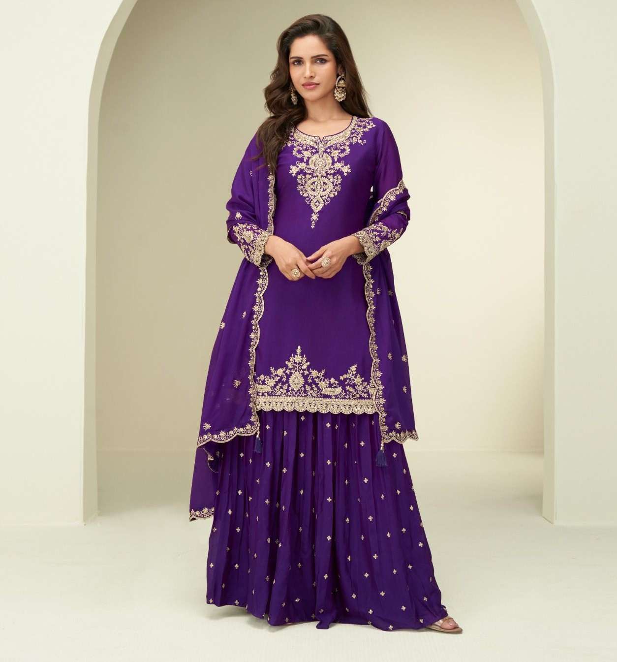 DESIGNER WEDDING PARTY WEAR PURE CHINON SILK PURPLE SHARARA SALWAR SUIT SY GARIMA 10369