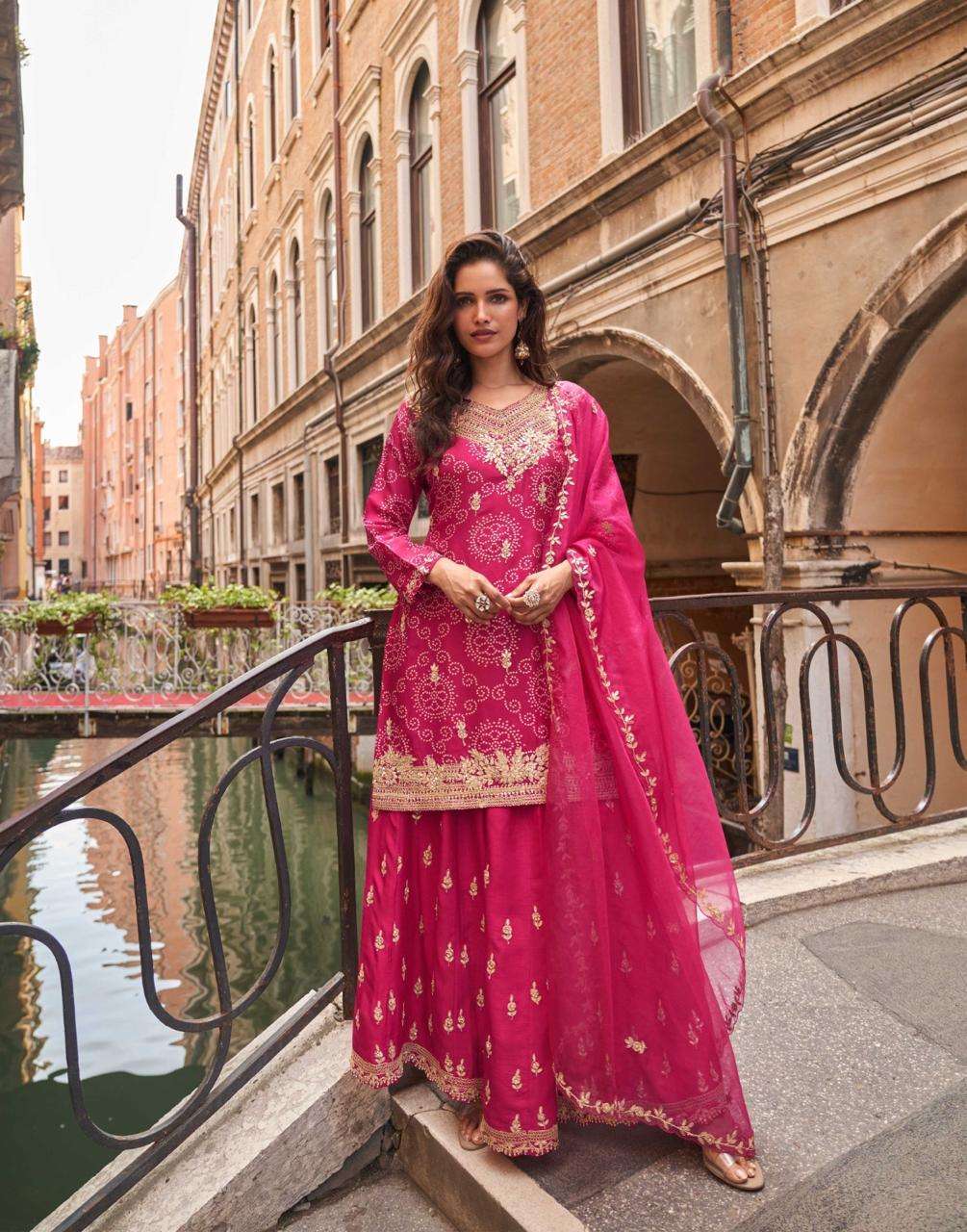 DESIGNER WEDDING PARTY WEAR PURE CHINON SILK RED PINK SHARARA SALWAR SUIT SY MEENA 5856