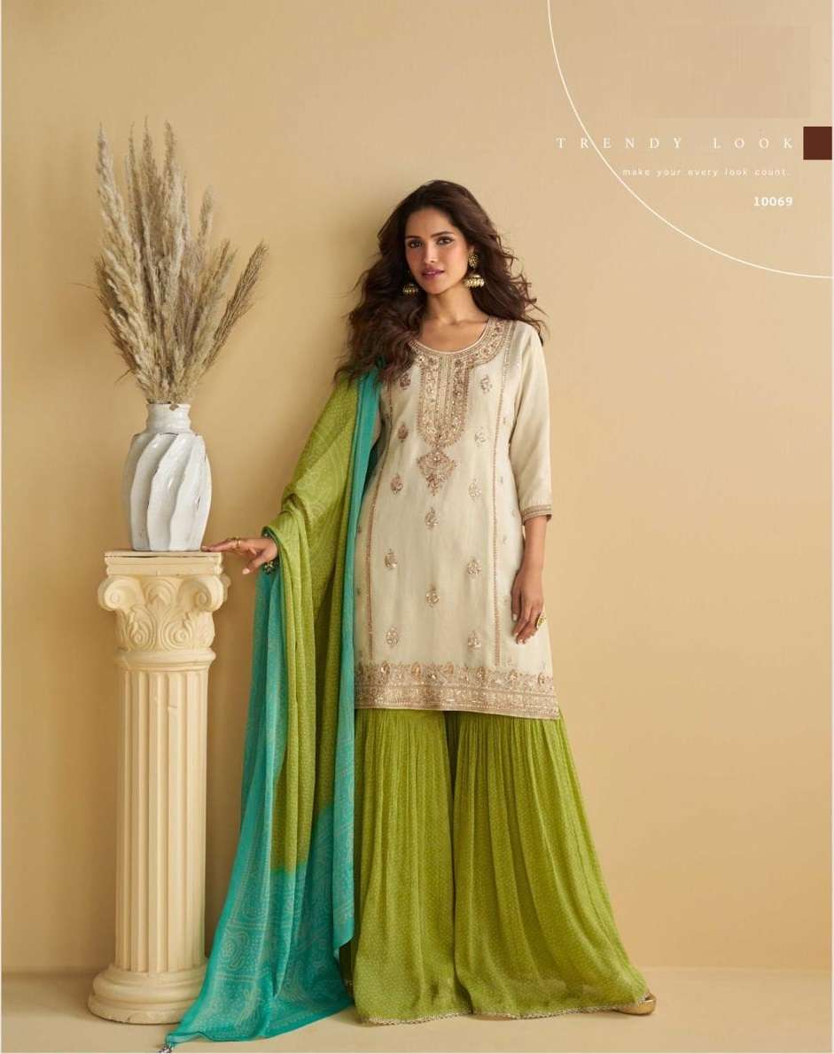 DESIGNER WEDDING PARTY WEAR PURE CHINON SILK WHITE GREEN SHARARA SALWAR SUIT SY GULABO 10069