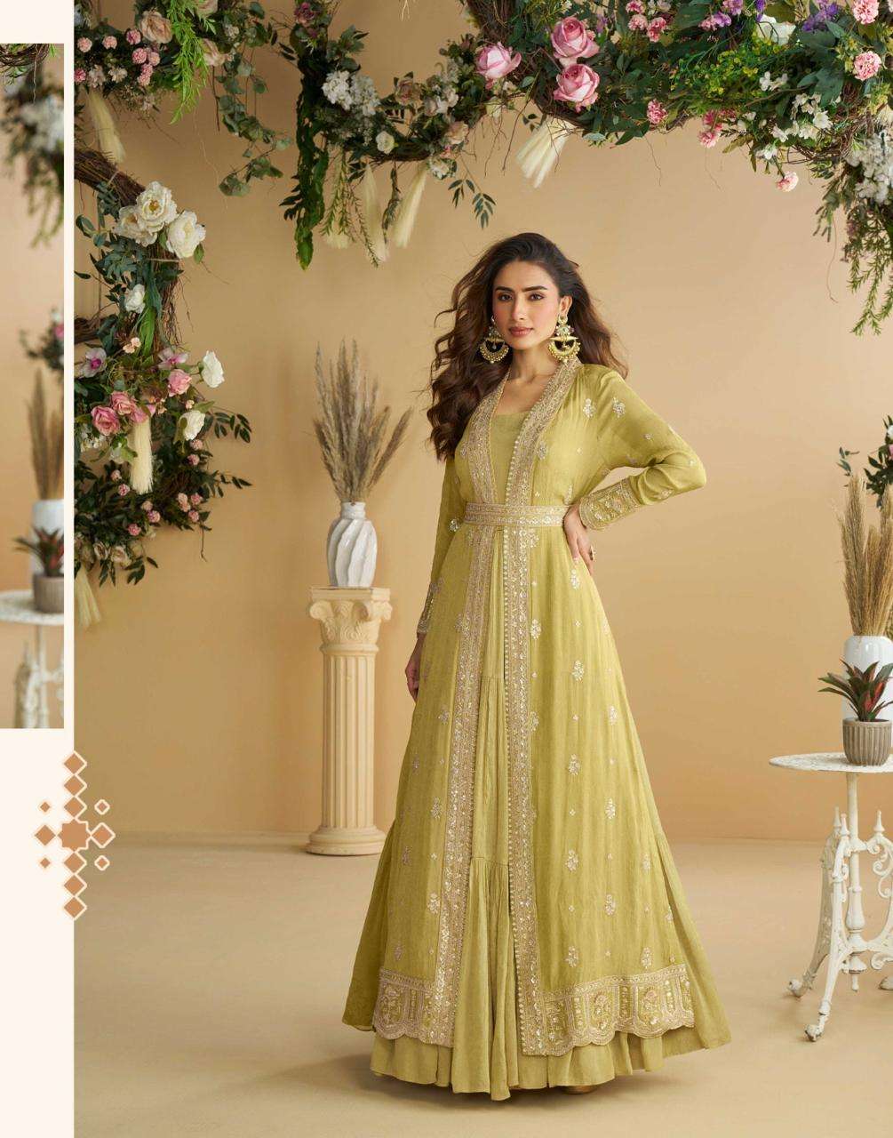 DESIGNER WEDDING PARTY WEAR PURE CHINON SILK YELLOW KOTI LONG GOWN ANARKALI SALWAR SUIT SY TULIP 10093