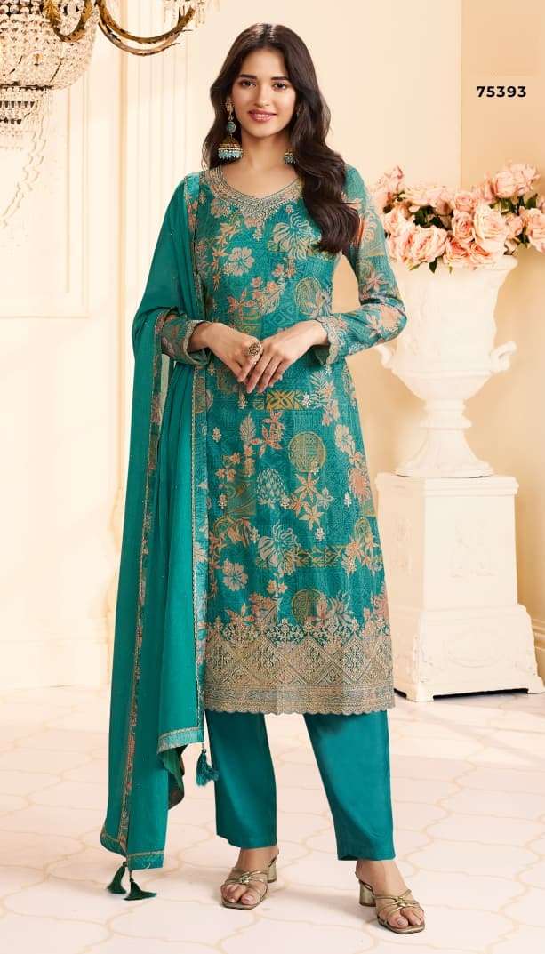 DESIGNER WEDDING PARTY WEAR REAL CHINON BLUE SALWAR SUIT SV VNY ROOP 75393